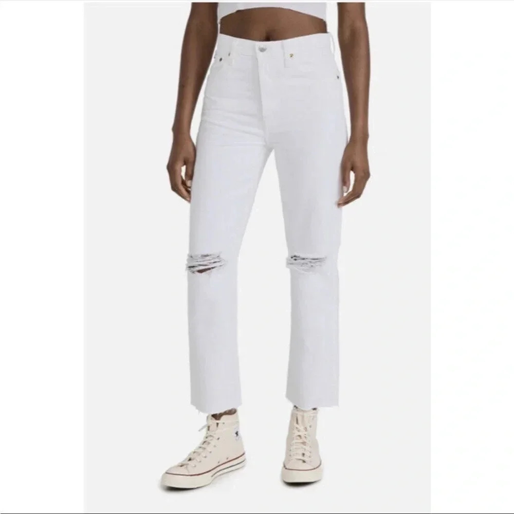 RE/DONE 70s High-Rise Stove Pipe Jeans White Destroyed High Waisted Pant Size 30